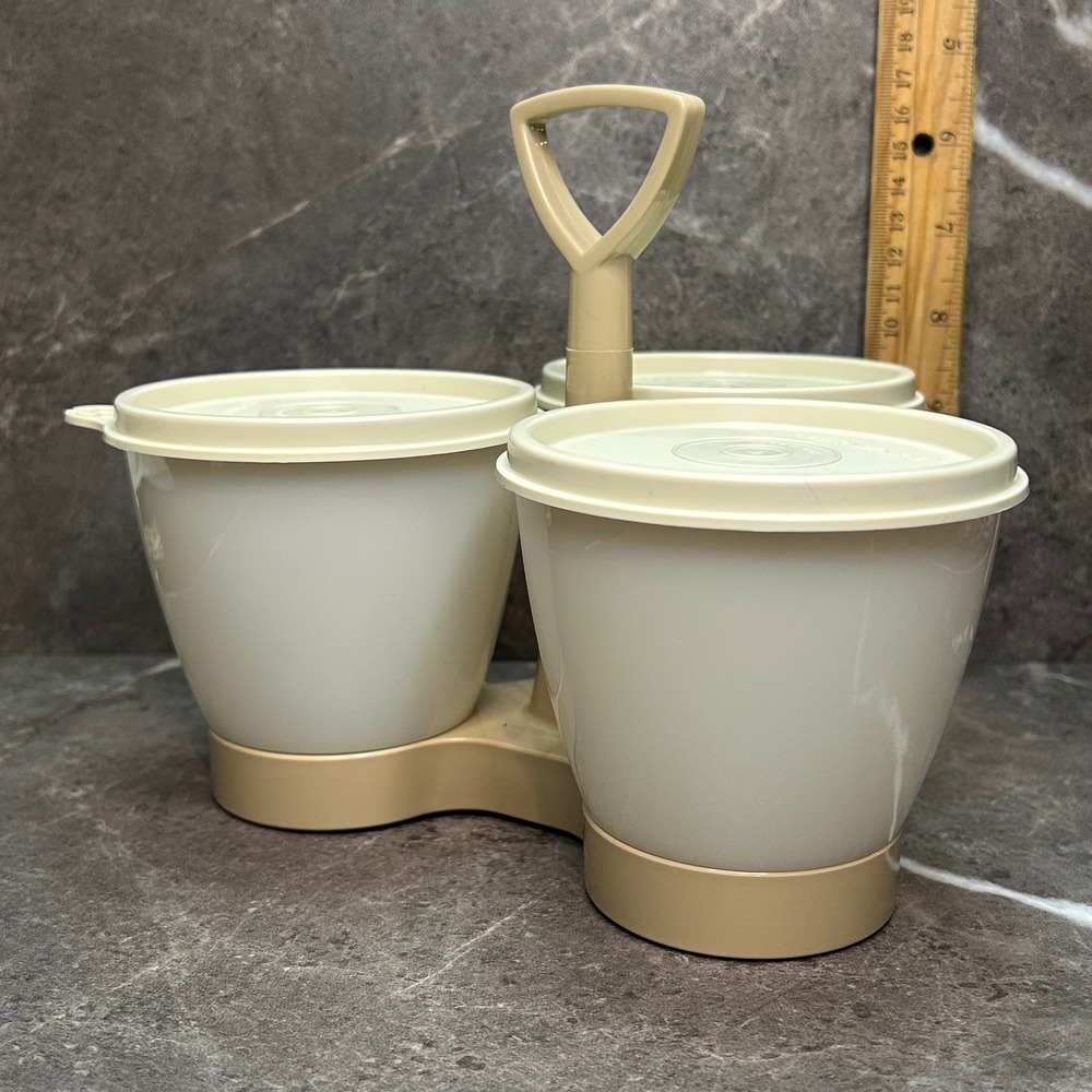 Vintage Tupperware Condiment Caddy 757-4 Almond White 3 Bowls Lids Handle Set
